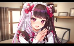 Rule 34 | 1girl, animal ears, bell, blurry, blurry background, bow, brown hair, cat ears, collared shirt, fang, frills, hair bell, hair bow, hair ornament, highres, letterboxed, maid headdress, multicolored hair, nijisanji, open mouth, own hands together, red bow, red eyes, shirt, smile, solo, split-color hair, twintails, two-tone hair, upper body, virtual youtuber, white hair, white shirt, window, yorumi rena, yorumi rena (5th costume), yuzune