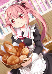 Rule 34 | 1girl, alternate costume, basket, bread, cherry blossoms, commentary request, day, dutch angle, enmaided, food, harusame (kancolle), highres, holding, holding basket, kantai collection, long hair, looking at viewer, maid, maid headdress, petals, pink hair, red eyes, side ponytail, smile, solo, yasume yukito