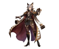 Rule 34 | 10s, 1girl, animal ears, belt, black footwear, boots, breasts, cleavage, detached sleeves, epaulettes, erune, fishnet legwear, fishnets, freesia (granblue fantasy), full body, glasses, gloves, granblue fantasy, grey hair, knee boots, long coat, long sleeves, looking at viewer, minaba hideo, official art, pencil skirt, short hair, skirt, smile, solo, standing, transparent background