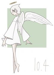 Rule 34 | 1girl, alternate costume, alternate eye color, alternate hair color, angel wings, arms at sides, bare legs, barefoot, bone hair ornament, dated, dress, facing away, feathered wings, floating, from side, full body, fuura kafuka, green background, grey eyes, hair ornament, halo, highres, legs together, light smile, long sleeves, looking afar, looking back, magusagari, muted color, pale skin, parted lips, profile, sayonara zetsubou sensei, short dress, short hair, simple background, solo, square, tiptoes, two-tone background, very short hair, white background, white dress, white hair, white theme, white wings, wide sleeves, wings, x hair ornament