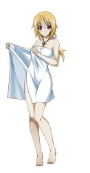 Rule 34 | 10s, 1girl, blonde hair, braid, charlotte dunois, full body, highres, infinite stratos, jewelry, long hair, looking at viewer, naked towel, necklace, purple eyes, smile, solo, towel, transparent background