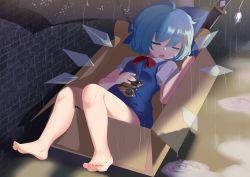 Rule 34 | 1girl, ahoge, bare legs, barefoot, black umbrella, blue bow, blue dress, blue hair, bow, bowtie, box, breasts, cardboard box, cirno, closed eyes, collared shirt, dress, fang, hair bow, highres, hxj (2324184595), ice, ice wings, on box, open mouth, pinafore dress, puffy short sleeves, puffy sleeves, rain, red bow, red bowtie, shirt, short hair, short sleeves, sitting, sitting on box, skin fang, sleeping, sleeveless dress, small breasts, sword, tassel, thick eyebrows, toes, touhou, umbrella, water drop, weapon, white shirt, wings