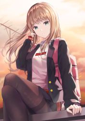 Rule 34 | 1girl, arm support, backpack, bag, black jacket, black skirt, blazer, brown hair, brown pantyhose, commentary request, crossed legs, feet out of frame, green eyes, gridman universe, highres, holding, holding own hair, hyonee, jacket, long hair, long sleeves, looking at viewer, minami yume, open clothes, open jacket, outdoors, pantyhose, pleated skirt, radio antenna, school uniform, shirt, skirt, sleeves past wrists, solo, ssss.dynazenon, sunset, sweater, thighband pantyhose, white shirt, white sweater
