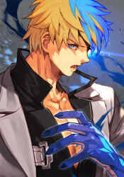 Rule 34 | 1boy, black shirt, blonde hair, blue eyes, blue hair, collarbone, dragon claw, dragon install, guilty gear, guilty gear strive, hungry clicker, jacket, ky kiske, looking at viewer, male focus, multicolored hair, open mouth, pectorals, shaded face, shirt, solo, transformation, upper body, white jacket