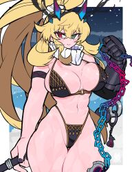 Rule 34 | 1girl, abs, axe, bare shoulders, barghest (fate), barghest (ice warrior) (fate), biceps, bikini, black bikini, blonde hair, breasts, chain, cleavage, fate/grand order, fate (series), gauntlets, green eyes, hacco mayu, hair ornament, hair scrunchie, heterochromia, high ponytail, highleg, highleg bikini, highres, horns, large breasts, long hair, looking at viewer, muscular, muscular female, navel, red eyes, scarf, scrunchie, sidelocks, single gauntlet, smile, solo, swimsuit, thick thighs, thighs, white scarf