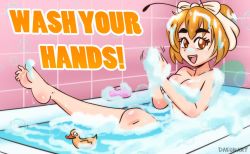 Rule 34 | 1girl, antennae, arthropod girl, barefoot, bath, bathtub, bee girl, bee wings, blonde hair, blush, breast press, breasts, brown eyes, bubble, bubble bath, collarbone, coronavirus, coronavirus pandemic, dakunart, hair bun, hair ribbon, insect girl, insect wings, large breasts, leg up, looking at viewer, mely, nude, open mouth, partially submerged, public service announcement, ribbon, rubber duck, single hair bun, sitting, smile, soap, soap bar, soapy, teeth, wall, water, wet, wings