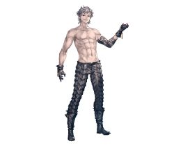 Rule 34 | 1boy, abs, arm tattoo, boots, eve (nier:automata), full body, gloves, grin, highres, male focus, muscular, nier (series), nier:automata, nipples, official art, pants, red eyes, silver hair, simple background, smile, solo, spiked hair, spikes, standing, tachi-e, tattoo, topless male, white background, yoshida akihiko