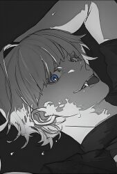 Rule 34 | 1boy, :p, ahoge, blue eyes, blue lock, bo toike57, charles chevalier, commentary, fang, grey background, greyscale, hair between eyes, hand on own head, highres, male focus, monochrome, portrait, short sleeves, simple background, smile, solo, spot color, sweat, sweatdrop, symbol-only commentary, teeth, tongue, tongue out, upper teeth only