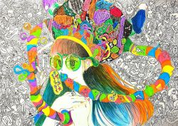 Rule 34 | 1girl, abstract, black hair, blue hair, colorful, commentary request, covered mouth, dyuami, gradient hair, green-tinted eyewear, green hair, hat, multicolored hair, nail polish, orange hair, original, pink nails, solo, tinted eyewear, upper body