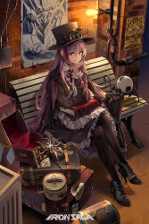 Rule 34 | 1girl, artist request, belt, book, briefcase, bug, hat, highres, iron saga, light bulb, multicolored hair, official art, on bench, poster (object), purple eyes, purple hair, red hair, robot, sisera (iron saga), sitting, spider, umbrella
