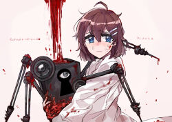 Rule 34 | 1girl, ahoge, blood, blood on clothes, blue eyes, brown hair, character name, coat, flesh, grey eyes, hair ornament, hairclip, lab coat, lobotomy corporation, lock, medium hair, michelle (project moon), project moon, schadenfreude (project moon), simple background, solo, sweat, upper body, wavy mouth, white background, white coat, yono neie