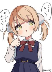 Rule 34 | 1girl, aged down, blonde hair, blue dress, blunt bangs, blush, bow, bowtie, collared shirt, commentary request, dot nose, dress, finger to cheek, finger to face, green eyes, h (eitilog), hair ornament, head tilt, index finger raised, indie virtual youtuber, long sleeves, looking up, official alternate hairstyle, open mouth, pinafore dress, pleated dress, pom pom (clothes), pom pom hair ornament, red bow, red bowtie, school uniform, shigure ui (vtuber), shigure ui (vtuber) (young), shirt, short hair, simple background, sleeveless, sleeveless dress, solo, speech bubble, translation request, twintails, twitter username, upper body, virtual youtuber, white background, white shirt
