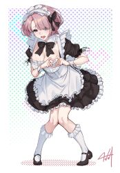 Rule 34 | 1girl, :o, alternate costume, apron, arimura mao, black bow, black bowtie, black dress, black footwear, blue eyes, blush, bow, bowtie, breasts, cleavage, detached collar, dress, enmaided, frilled apron, frilled hairband, frills, full body, gakuen idolmaster, hair over one eye, hairband, heart, heart hands, highres, idolmaster, kneehighs, knees together feet apart, kurofude anna, large breasts, looking at viewer, maid, maid apron, pink hair, polka dot, polka dot background, short hair, short sleeves, signature, socks, solo, white apron, white hairband, white socks, wrist cuffs