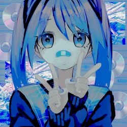 Rule 34 | 1girl, bandaid, bandaid on face, bandaid on nose, blue eyes, blue hair, blue nails, blue theme, cd, closed mouth, double v, hands up, highres, long hair, long sleeves, looking at viewer, nail polish, original, plaid, solo, straight-on, twintails, upper body, urokogaran, v