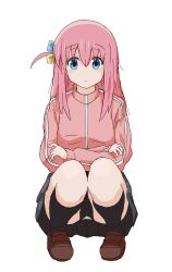 Rule 34 | 1girl, absurdres, black skirt, black socks, blue eyes, bocchi the rock!, commentary request, expressionless, full body, gotoh hitori, highres, hirondo, jacket, long hair, long sleeves, looking at viewer, one side up, panties, pantyshot, pink hair, pink jacket, pink track suit, pleated skirt, simple background, sketch, skirt, socks, squatting, straight-on, underwear, white background, white panties