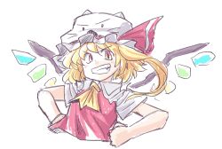 Rule 34 | 1girl, animal ear headwear, aokukou, ascot, blonde hair, collared shirt, commentary request, fake animal ears, fang, flandre scarlet, grin, hands on own hips, hat, hat ribbon, mob cap, red ribbon, red vest, ribbon, shirt, simple background, sketch, skirt, smile, solo, touhou, upper body, v-shaped eyebrows, vest, white background, white hat, white shirt, wings, yellow ascot, yellow eyes