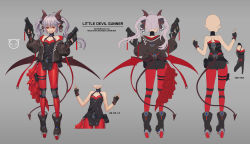 Rule 34 | 1girl, absurdres, bare shoulders, belt, belt pouch, boots, character sheet, commentary request, demon girl, demon horns, demon tail, demon wings, dkxlek, dual wielding, ear piercing, earrings, fingerless gloves, flat chest, full body, gloves, grey background, grey hair, grin, gun, hair ribbon, handgun, highres, holding, horns, jacket, jewelry, knee pads, korean commentary, leggings, off shoulder, open clothes, open jacket, original, piercing, pointy ears, pouch, ribbon, roller skates, sharp teeth, skates, smile, solo, tail, teeth, thigh pouch, thigh strap, tsurime, twintails, weapon, wings