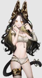 Rule 34 | 1girl, absurdres, animal ear fluff, animal ears, bare arms, bare legs, bare shoulders, black hair, bracelet, cat tail, gawako, highres, jewelry, long hair, looking at viewer, necklace, open mouth, original, solo, tail, white background, yellow eyes