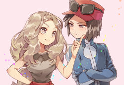 Rule 34 | 1boy, 1girl, baseball cap, blue jacket, blush, breasts, brown hair, calem (pokemon), closed mouth, collared shirt, commentary request, creatures (company), crossed arms, eye contact, eyelashes, eyewear on headwear, game freak, grey eyes, grey shirt, hand on own hip, hand up, hat, index finger raised, jacket, light brown hair, long hair, long sleeves, looking at another, nintendo, pokemon, pokemon xy, red skirt, sasairebun, serena (pokemon), shirt, skirt, sleeveless, sleeveless shirt, smile, sunglasses, sweatdrop
