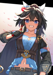 Rule 34 | 1girl, animal ears, black coat, black vest, blue eyes, blue shirt, blurry, breasts, cleavage, cleavage cutout, clothing cutout, coat, commentary request, crossed bangs, depth of field, ear covers, floating hair, gloves, hair between eyes, hair ornament, highres, horse ears, katsuragi ace (umamusume), looking at viewer, midriff, multicolored hair, navel, open clothes, open coat, open mouth, outstretched arms, ponytail, reaching, reaching towards viewer, shirt, short hair, small breasts, solo, streaked hair, umamusume, upper body, v-shaped eyebrows, vest, yuutopia
