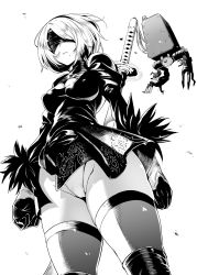 Rule 34 | 1girl, amano don, black dress, blindfold, boots, breasts, cleavage cutout, clothing cutout, covered eyes, dress, feather-trimmed sleeves, feather trim, greyscale, hairband, highleg, highleg leotard, highres, juliet sleeves, katana, large breasts, leotard, long sleeves, mole, mole under mouth, monochrome, nier:automata, nier (series), pod (nier:automata), puffy sleeves, short dress, short hair, simple background, sword, thigh boots, thighhighs, thighhighs under boots, thighs, weapon, white background, white hair, 2b (nier:automata)