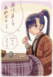 Rule 34 | 1girl, :t, akeome, blush, border, bowl, choko (cup), cup, eating, food, from side, fruit, haori, happy new year, high ponytail, highres, japanese clothes, kotatsu, long hair, long sleeves, looking at viewer, malcorond, mandarin orange, nengajou, new year, original, pink eyes, ponytail, purple hair, signature, sitting, solo, sweater, table, translation request, white border