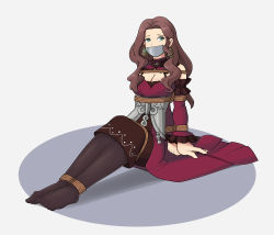 Rule 34 | 1girl, bound, bound ankles, bound arms, bound legs, bound wrists, breasts, brown hair, cleavage, dorothea arnault, dress, earrings, fire emblem, fire emblem: three houses, full body, gag, gagged, green eyes, highres, improvised gag, jewelry, large breasts, long hair, nintendo, red dress, solo, tape, tape gag