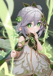 Rule 34 | 1girl, bracelet, braid, cape, commentary request, detached sleeves, dress, finger to mouth, from above, genshin impact, gradient hair, green eyes, grey hair, hair between eyes, hair ornament, highres, holding, jewelry, long hair, looking at viewer, looking up, mikan (xalka), multicolored hair, nahida (genshin impact), parted lips, pointing, pointing at self, pointy ears, short sleeves, side ponytail, sidelocks, single braid, solo, swing, symbol-shaped pupils, white dress