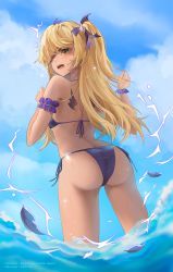 Rule 34 | 1girl, arm garter, ass, bikini, blonde hair, blue sky, blush, breasts, day, fischl (genshin impact), from behind, genshin impact, hair ribbon, highres, long hair, looking at viewer, looking back, mysoda, ocean, outdoors, purple bikini, purple ribbon, ribbon, side-tie bikini bottom, sky, small breasts, solo, standing, summer, swimsuit, wading, yellow eyes