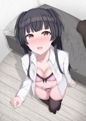 Rule 34 | 1girl, bed, bedroom, black hair, blunt bangs, blush, bra, breasts, brown eyes, cleavage, collarbone, collared shirt, from above, highres, idolmaster, idolmaster shiny colors, lace, lace-trimmed bra, lace-trimmed panties, lace trim, long eyelashes, long hair, looking at viewer, mayuzumi fuyuko, medium breasts, navel, nether melody, no shoes, open clothes, open mouth, open shirt, panties, pillow, pink bra, pink panties, shirt, solo, sweatdrop, thighhighs, underwear, wooden floor