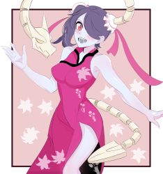 Rule 34 | 1girl, blue hair, blue skin, blush, border, china dress, chinese clothes, colored skin, double bun, dress, hair over one eye, highres, leviathan (skullgirls), open mouth, pink background, pow3776, red eyes, skullgirls, smile, solo, squigly (skullgirls), stitched mouth, stitches, white border, zombie