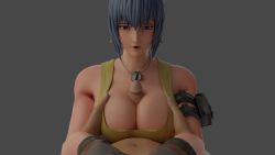 Rule 34 | 1boy, 1girl, 3d, blender (medium), blue eyes, blue hair, grabbing another&#039;s breast, breasts, cleavage, clothed sex, grabbing, grey background, highres, jewelry, leona heidern, matching hair/eyes, necklace, paizuri, penis, simple background, snk, supurattabrain, tank top, the king of fighters, uncensored, yellow tank top