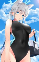 Rule 34 | 1girl, animal ear fluff, animal ears, bag, blue archive, blue eyes, blush, breasts, competition swimsuit, covered navel, earrings, grey hair, halo, highres, holding, holding bag, jewelry, large breasts, medium hair, mismatched pupils, one-piece swimsuit, outdoors, parted lips, shiroko (blue archive), shiroko (swimsuit) (blue archive), sidelocks, solo, swimsuit, ton ton tontoro, wolf ears