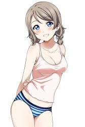 Rule 34 | 10s, 1girl, alternate hairstyle, arms behind back, blue hair, blue panties, blush, breasts, camisole, cleavage, covered erect nipples, cowboy shot, grin, highres, leaning forward, light brown hair, looking at viewer, love live!, love live! sunshine!!, low twintails, medium breasts, panties, sankuro (agoitei), short twintails, simple background, smile, solo, striped clothes, striped panties, tank top, twintails, underwear, underwear only, watanabe you, white background