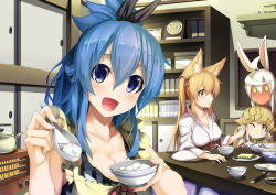Rule 34 | 4girls, :d, absurdres, ahoge, animal ears, apron, bare shoulders, black ribbon, blonde hair, blue eyes, blue hair, blush, book, bookshelf, bow, bowl, breasts, brown sweater, chopsticks, cleavage, collarbone, feeding, fingerless gloves, food, fox ears, fox girl, gloves, hair between eyes, hair ornament, hands up, heater, highres, incoming food, indoors, japanese clothes, kimono, large breasts, long hair, long sleeves, looking at viewer, multiple girls, obi, omelet, omurice, one eye closed, open mouth, original, plate, pov feeding, rabbit ears, red bow, red gloves, ribbed sweater, ribbon, rice, rice bowl, sash, shamoji, shirt, short ponytail, sitting, sleeveless, sleeveless shirt, smile, sweatdrop, sweater, table, teapot, turtleneck, turtleneck sweater, twintails, white hair, wide sleeves, wiping face, yellow apron, yellow eyes, zelitto