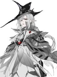 Rule 34 | 1girl, a9712mob, arknights, ascot, black gloves, coat, corsage, earrings, eyes visible through hair, gladiia (arknights), glaring, gloves, grey hair, hair over one eye, hat, high collar, highres, jewelry, looking at viewer, one eye covered, parted lips, pointy ears, red eyes, simple background, solo, upper body, white background