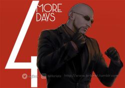 Rule 34 | 1boy, bald, black gloves, black jacket, black shirt, black suit, brilcrist, clenched hands, countdown, earrings, facial hair, fighting stance, final fantasy, final fantasy vii, final fantasy vii rebirth, final fantasy vii remake, formal, gloves, goatee, instagram logo, instagram username, jacket, jewelry, male focus, portrait, red background, rude (ff7), shirt, solo, suit, sunglasses, tumblr username, twitter logo, twitter username, upper body