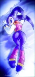 Rule 34 | 1girl, artist name, ass, back, beckoning, bed, blue eyes, bodysuit, cameltoe, cleft of venus, gloves, hat, highres, jester cap, looking at viewer, looking back, nights (character), nights into dreams, pussy, sega, skin tight, smile, sonic (series), thighs, twistedterra