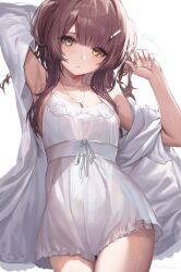 Rule 34 | !, 1girl, arms up, bare shoulders, blunt bangs, breasts, brown hair, chemise, cowboy shot, cyobiro, green eyes, hair ornament, heterochromia, highres, indie virtual youtuber, jewelry, long hair, mole, mole on breast, mole under eye, nail polish, necklace, pink nails, ribbon, sakusan kanon, small breasts, solo, sweater, two side up, virtual youtuber, white background, white chemise, white ribbon, white sweater, yellow eyes