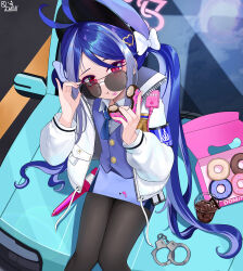 Rule 34 | 1girl, 82jhin, absurdres, ahoge, armband, black pantyhose, blue archive, blue hair, blue necktie, blue skirt, cuffs, cup, disposable cup, doughnut, eating, food, fubuki (blue archive), handcuffs, hat, highres, jacket, long hair, necktie, pantyhose, pastry box, police, police hat, police uniform, policewoman, red eyes, sitting, sitting on car, skirt, sunglasses, twintails, uniform, white jacket