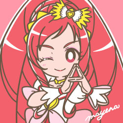 Rule 34 | 1girl, ;), absurdres, blush, bow, braid, bright pupils, choker, crown braid, cure ace, dokidoki! precure, drill hair, drill sidelocks, earrings, eyelashes, hair bow, hair ornament, high ponytail, highres, jewelry, lipstick, long hair, looking at viewer, madoka aguri, magical girl, makeup, mascara, mayena, one eye closed, outline, precure, red background, red eyes, red hair, sidelocks, signature, simple background, smile, solo, upper body, waist ribbon, white outline, white pupils, wrist cuffs