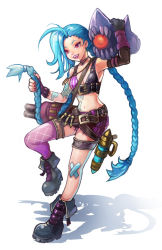 Rule 34 | 1girl, blue hair, boots, braid, gloves, hairline, jinx (league of legends), kibo83, league of legends, lipstick, makeup, nail polish, pink eyes, shadow, simple background, tattoo, weapon, white background