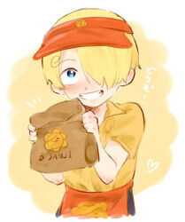 Rule 34 | 1boy, aged down, apron, bag, blonde hair, blue eyes, blush, collared shirt, commentary, curly eyebrows, hat, heart, holding, kurimaron, one eye covered, one piece, paper bag, red apron, red headwear, sanji (one piece), shirt, simple background, smile, translated, two-tone background, upper body, visor cap, waist apron, white background, yellow background, yellow shirt