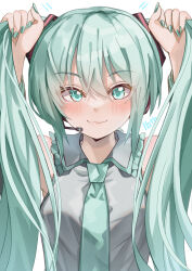 Rule 34 | 1girl, absurdres, anniversary, blue eyes, blue nails, blue necktie, commentary, grey shirt, hatsune miku, highres, holding, holding own hair, long hair, looking at viewer, mahoro (minase mahoro), necktie, shirt, sleeveless, sleeveless shirt, smile, solo, very long hair, vocaloid, white background