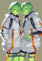 Rule 34 | 2others, :d, ambiguous gender, colored skin, commentary request, eyes visible through hair, green eyes, green skin, hands in pockets, jacket, looking at viewer, multiple others, open mouth, original, short hair, shorts, slime (creature), slime (substance), smile, white jacket, yuzu shio