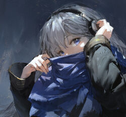 Rule 34 | 1girl, bkornblume, black jacket, blue eyes, blue scarf, commentary request, covered mouth, dino (dinoartforame), grey background, grey hair, headphones, highres, jacket, long hair, long sleeves, looking at viewer, painterly, reverse:1999, scarf, solo, upper body