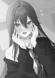 Rule 34 | 1girl, blush, cardigan, collared shirt, commentary request, diagonal-striped clothes, diagonal-striped necktie, flying sweatdrops, greyscale, hair between eyes, hamu (plot sy), hands up, highres, long hair, long sleeves, looking at viewer, monochrome, necktie, off shoulder, open cardigan, open clothes, open mouth, original, puffy long sleeves, puffy sleeves, school uniform, shirt, solo, striped clothes, upper body, very long hair