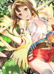 Rule 34 | 119, 1girl, :d, atelier (series), atelier ryza, atelier ryza 1, belt, breasts, brown belt, brown eyes, brown hair, detached sleeves, highres, looking at viewer, medium breasts, open mouth, red shorts, reisalin stout, shirt, short hair with long locks, short shorts, shorts, sidelocks, smile, solo, white shirt, white sleeves