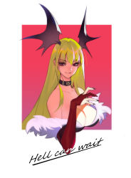 Rule 34 | 1girl, absurdres, bare shoulders, bat wings, black choker, black nails, breasts, choker, cleavage, closed mouth, elbow gloves, english text, fang, fingerless gloves, fur trim, gloves, gradient background, guiguz, head wings, heart, highres, large breasts, long hair, morrigan aensland, nail polish, red eyes, red gloves, smile, solo, upper body, vampire (game), wings