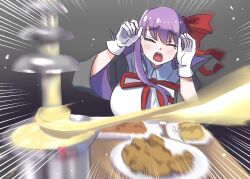 Rule 34 | 1girl, bb (fate), bb (fate/extra), blush, breasts, cheese, closed eyes, fate/extra, fate/extra ccc, fate (series), fondue au fromage, food, fried chicken, gloves, hair ribbon, highres, large breasts, long hair, mentaiko mamire, open mouth, parody, purple hair, red ribbon, ribbon, solo, tears, white gloves